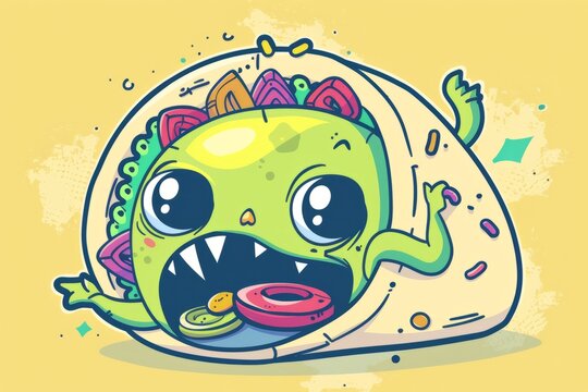 Cartoon cute doodles of a hungry monster munching on a crunchy taco filled with tasty ingredients, Generative AI