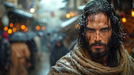 Jesus walking the streets of Jerusalem. biblical cinematic scene, background of some people, photorealistic image with natural environment of a very rainy day in jerusalem.