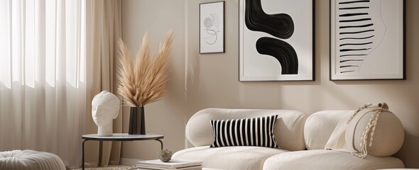 Minimalist living room with white sofa, black and white cushions, abstract wall art, and table with a sculpture and pampas grass