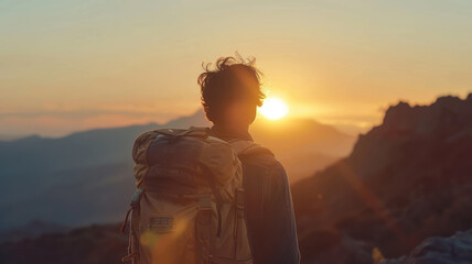Man traveler with a backpack standing on a mountain peak at sunset admiring the expansive horizon