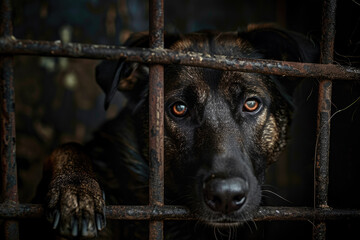 Sad Lonely Abandoned Dog In A Rusty Small Cage Created Using Artificial Intelligence