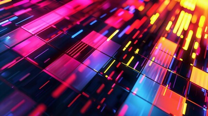 : Abstract neon shapes pulsating in rhythmic patterns, casting dynamic shadows against a digital backdrop.