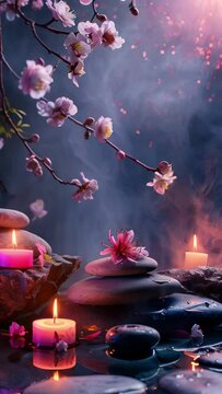  spa vertical background with stones and flowers , water and steam, natural light, tranquil atmosphere for relaxation and meditation, spa retreats, wellness centers, relaxation spaces.