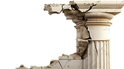 A cracked and crumbling pillar or foundation, symbolizing the structural weaknesses and instability that lead to the downfall of a business, against a transparent background