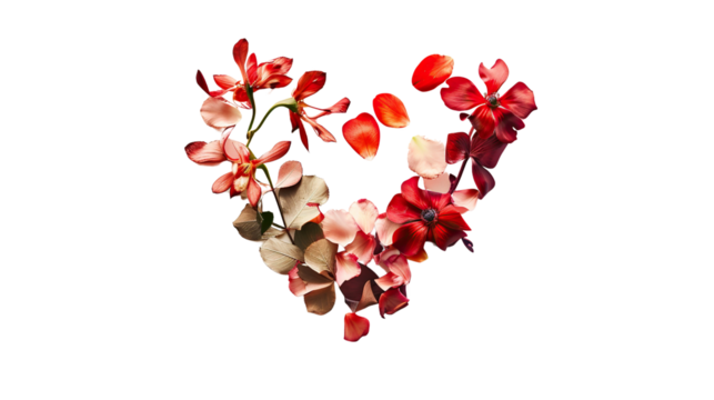 A heart outlined by a delicate floral arrangement, with petals and leaves forming the shape, evoking feelings of growth, beauty, and love against a transparent background - Powered by Adobe
