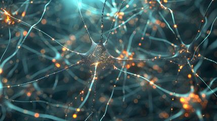 A close up of a brain with many neurons. The neurons are connected to each other and are glowing in different colors. The image conveys the complexity and interconnectedness of the brain