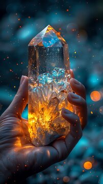 A hand holding a glowing crystal. The crystal is surrounded by a blue light, and the hand is surrounded by orange light. The background is dark blue with bright lights.