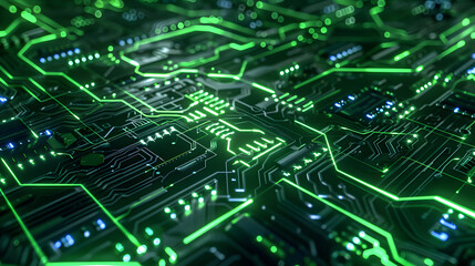 A green electronic circuit board with many small green squares. The board is very detailed and has a futuristic look to it