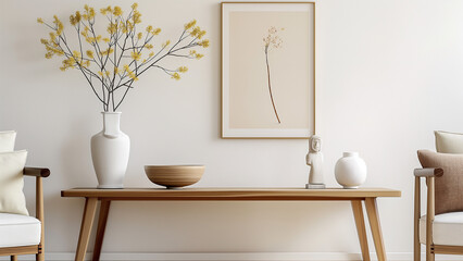 Simple and stylish minimalist living room, interior design, mock-up, copy space, plants, sofa, cushions, art frames