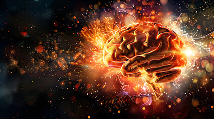 A brain is shown in a fiery explosion, surrounded by a dark background. Concept of chaos and destruction, as if the brain has been torn apart and scattered in all directions
