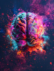 A colorful brain with a splash of paint surrounding it. The brain is the main focus of the image, and the splatter of paint adds a sense of chaos and creativity to the scene