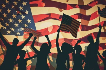 Silhouettes of people dancing on the background of the American flag  Guys and girls waving American flags, AI-generated