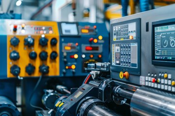 A close-up of a factory machine tool with digital readouts and controls, highlighting the integration of technology in modern manufacturing
