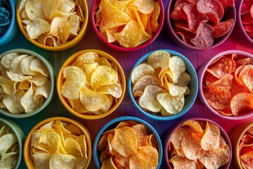 A colorful and appetizing display of different flavored potato chips in separate bowls, arranged in a rainbow-like pattern