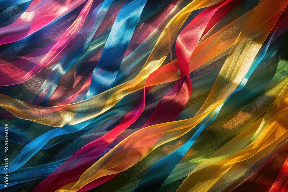 Wall mural ribbons of color weaving through a tapestry of light and shadow.