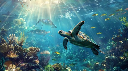 Vibrant underwater photograph featuring diverse marine life and a graceful sea turtle