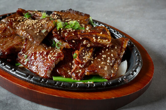 A closeup view of entree of beef galbi.