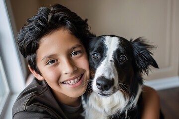 a young boy and his black and white dog pose for a picture in front of a white wall, with the boy's black hair and brown eyes visible, as well as his
