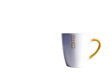 white and yellow coffee mug with lettering and space for text on a transparent background.