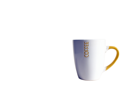 white and yellow coffee mug with lettering and space for text on a transparent background.
