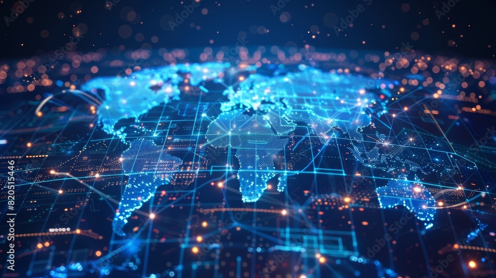 Poster the image shows a glowing blue world map made of tiny dots and lines representing a global network.