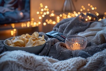 A cozy movie night setup with a bowl of potato chips, a remote control, and a blanket, creating a warm and inviting atmosphere