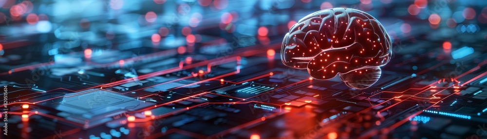 Poster the image shows a glowing brain on a circuit board. the brain is red and the circuit board is blue. 