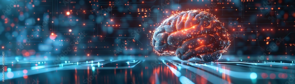 Poster the image shows a glowing brain on a futuristic background. the brain is connected to a network of g