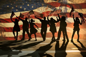 Silhouettes of people dancing on the background of the American flag  Guys and girls waving American flags, AI-generated