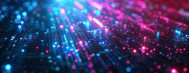 Obraz premium Abstract futuristic background with glowing blue and pink neon lights on a dark cyber technology pattern with digital data