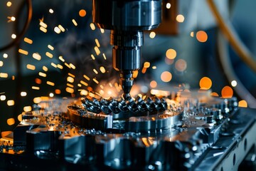 A detailed shot of a computer-controlled milling machine, carving out parts from a solid block of metal with precision
