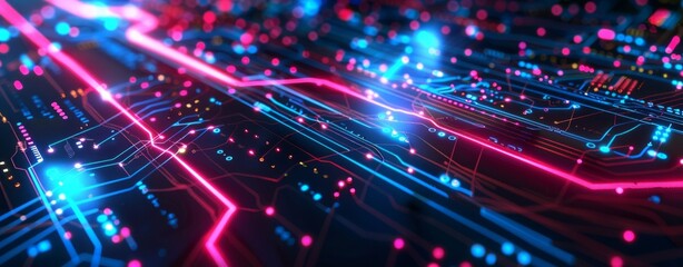 Fototapeta premium Abstract futuristic background with glowing blue and pink neon lights on a dark cyber technology pattern with digital data