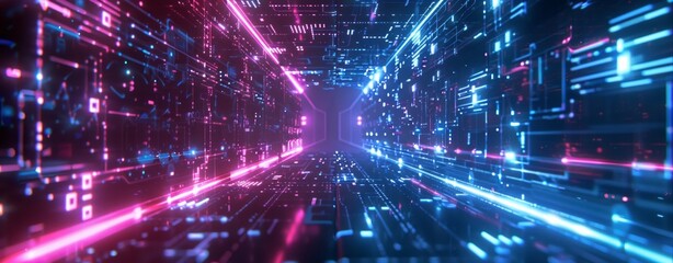Naklejka premium Abstract futuristic background with glowing blue and pink neon lights on a dark cyber technology pattern with digital data