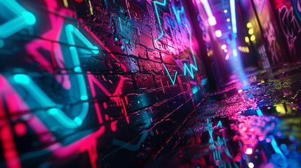 : Neon graffiti adorning the walls of a cyberpunk alleyway, its vibrant colors splashing across the urban landscape.