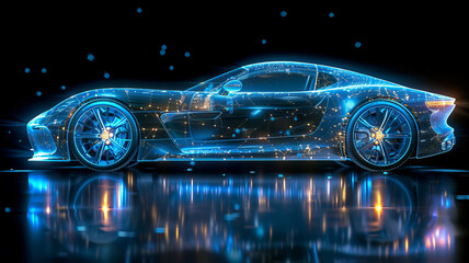 Blue hologram ordinary car, car structure, side view, black background,generative ai