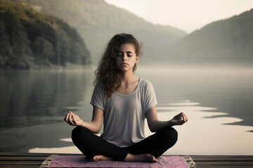 Young woman practicing Yoga. Beautiful girl meditating, doing breathing exercises. Harmony, Balance, Meditation, relaxation, healthy lifestyle concept