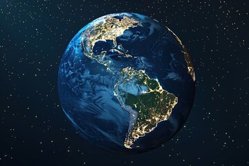earth as seen from space at night, featuring a dark and blue sky and a blue egg in the foreground