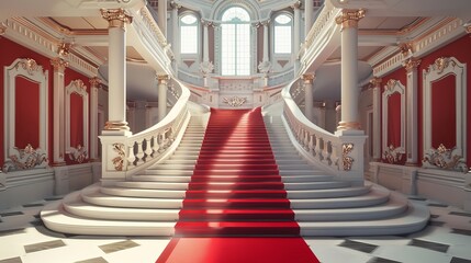 Obraz premium Create a low poly 3D image of a grand palace staircase adorned with a red carpet, suitable for fashion events