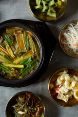 A top down view of a bowl of short rib soup.