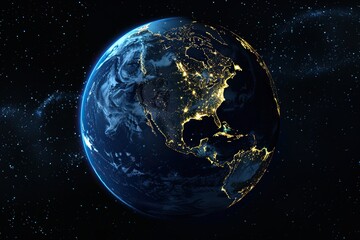 a stunning view of the earth at night captured from space, featuring a vast expanse of illuminated land and water, a distant mountain range, and a distant galaxy