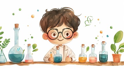 A little cartoon student holding a test tube and flask at a chemistry or science lesson with watercolor illustration on a white background.