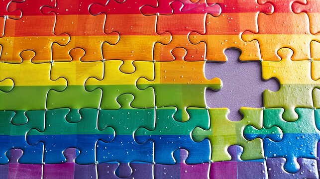 Rainbow jigsaw puzzle with missing piece, ideal for LGBTQ pride events, educational campaigns, and social media posts celebrating diversity and inclusion