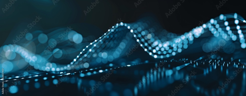 Poster abstract background with glowing dots and connection lines on a dark blue, cyan or teal colored back