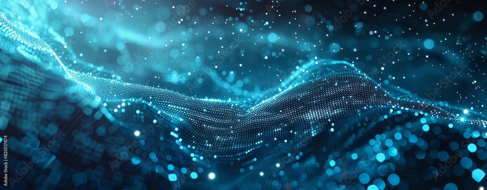 Poster abstract background with glowing dots and connection lines on a dark blue, cyan or teal colored back