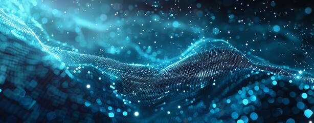 Abstract background with glowing dots and connection lines on a dark blue, cyan or teal colored background.