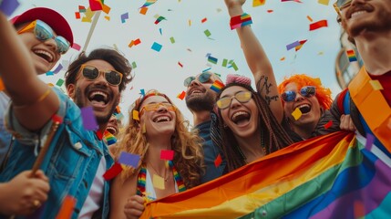 Group of people at LGBTQ pride parade, holding rainbow flags and showing their support for diversity and inclusion