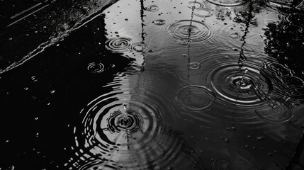 A dramatic black-and-white photograph capturing raindrops falling into a deep puddle in the city.


