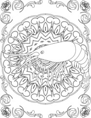 Shrimp on Mandala Coloring Page. Printable Coloring Worksheet for Adults and Kids. Educational Resources for School and Preschool. Mandala Coloring for Adults