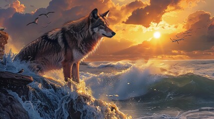 Realistic photo of a wolf on the edge of a cliff, with waves splashing, the sun setting, clouds,...