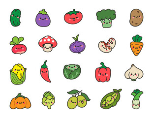 Funny cartoon vegetables. Kawaii character. Hand drawn style. Vector drawing. Collection of design elements.